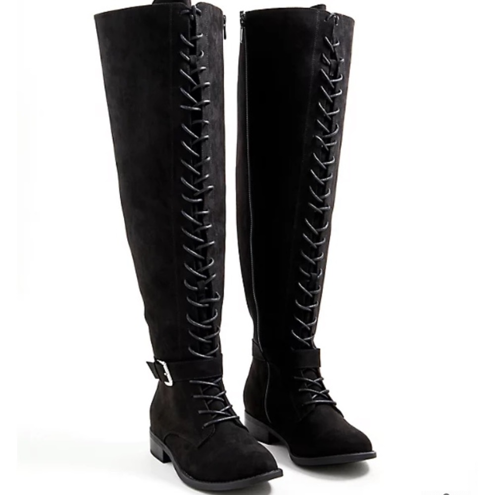 DOUBLE BUCKLE OVER THE KNEE BOOT - FAUX SUEDE BLACK (WW)